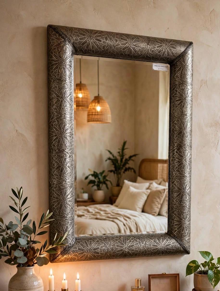 Hand Tooled Moroccan Silver Star Mirror, Moorish Decor (39x23")