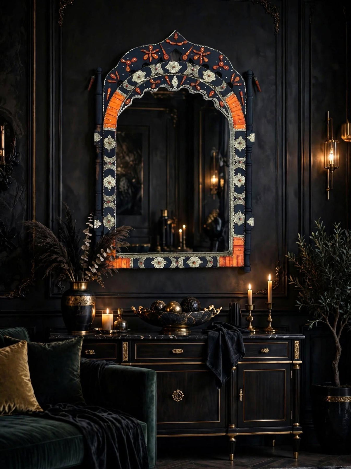 Handmade Moroccan Inlay Bone Mirror: Moorish Arch Design, 42" x 26"