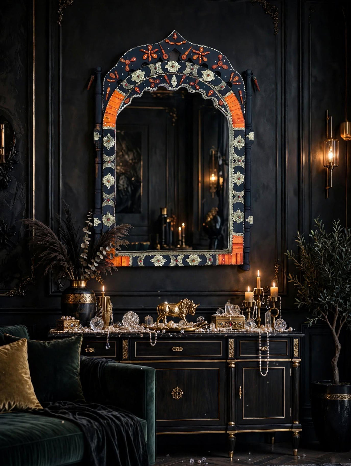 Handmade Moroccan Inlay Bone Mirror: Moorish Arch Design, 42" x 26"