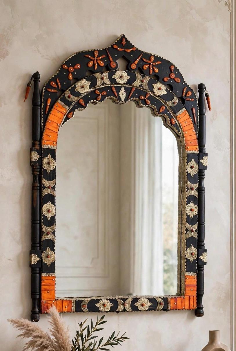 Handmade Moroccan Inlay Bone Mirror: Moorish Arch Design, 42" x 26"
