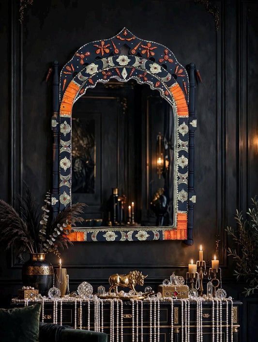Handmade Moroccan Inlay Bone Mirror: Moorish Arch Design, 42" x 26"