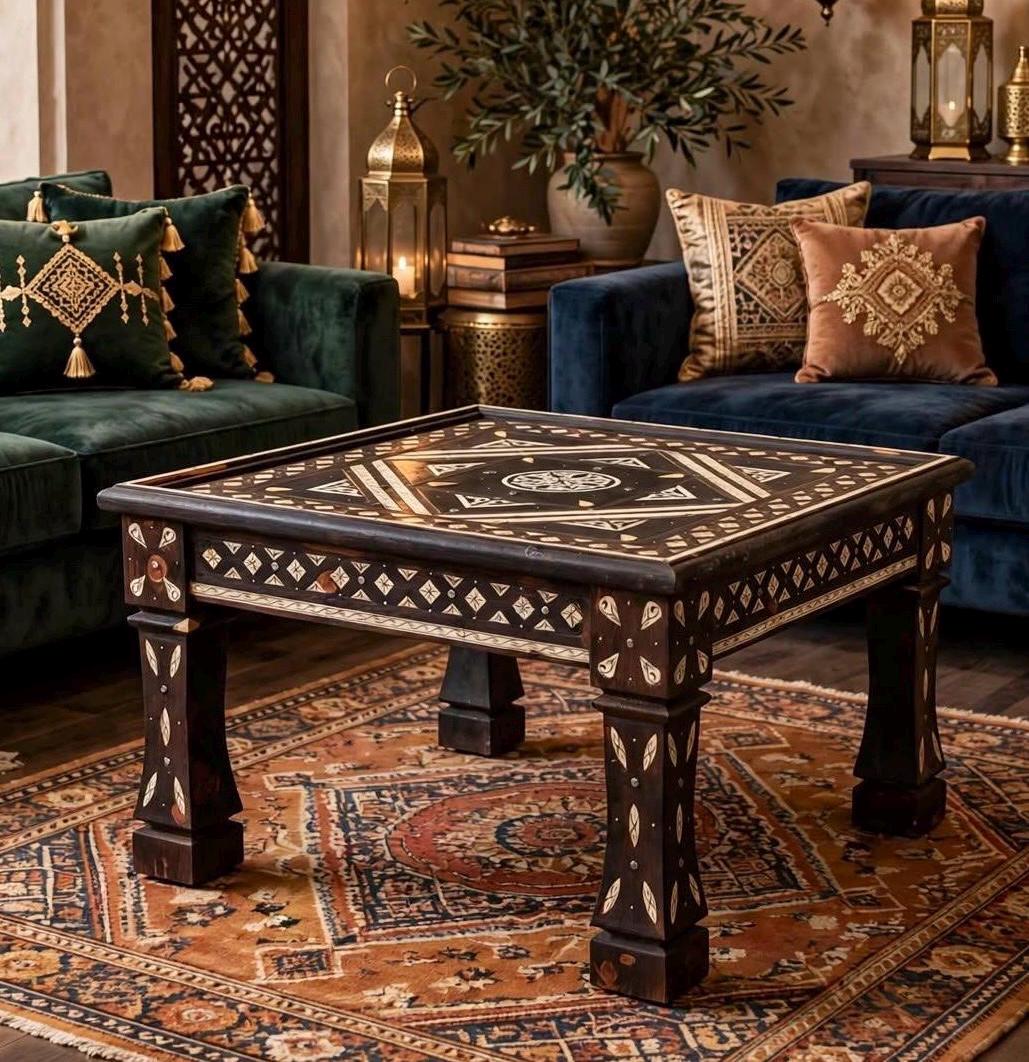 Bone Inlay Moroccan Wooden Table: 29" Square, Handmade