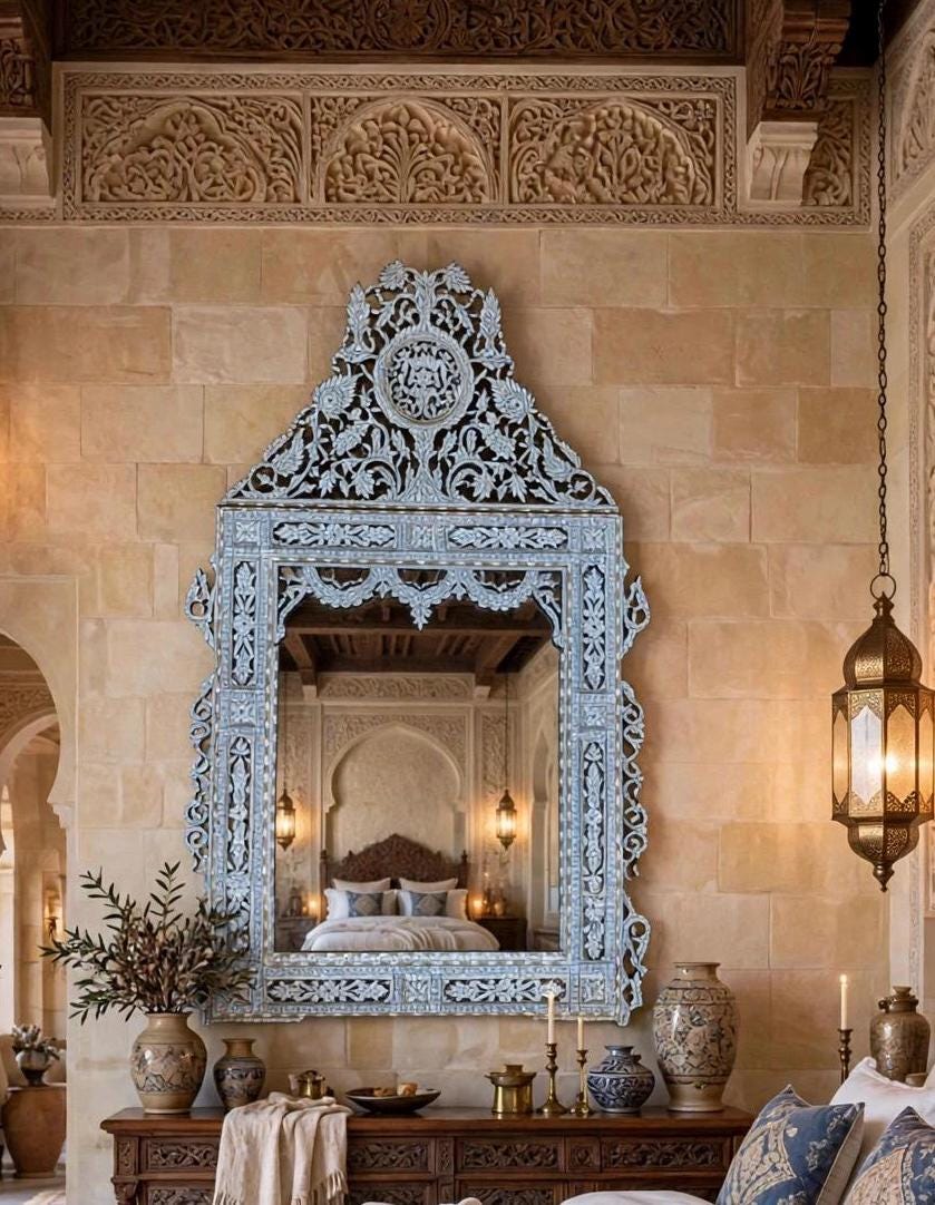 Extra Large Syrian Mirror: Handmade Mother of Pearl Inlay, Moroccan Wall Decor