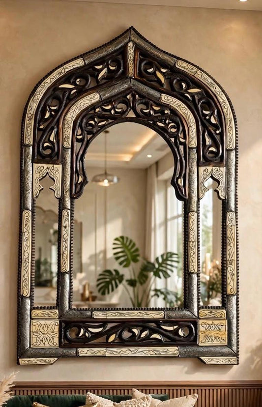 Handmade Moorish Arch Mirror, Camel Bone Inlay, Moroccan Decor