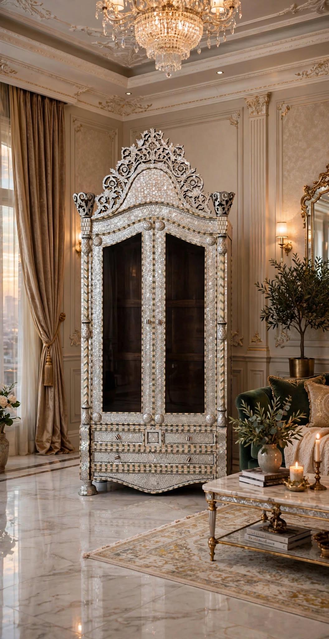 Handmade Moroccan Armoire, White Mother of Pearl Inlay, Syrian Bone Chest