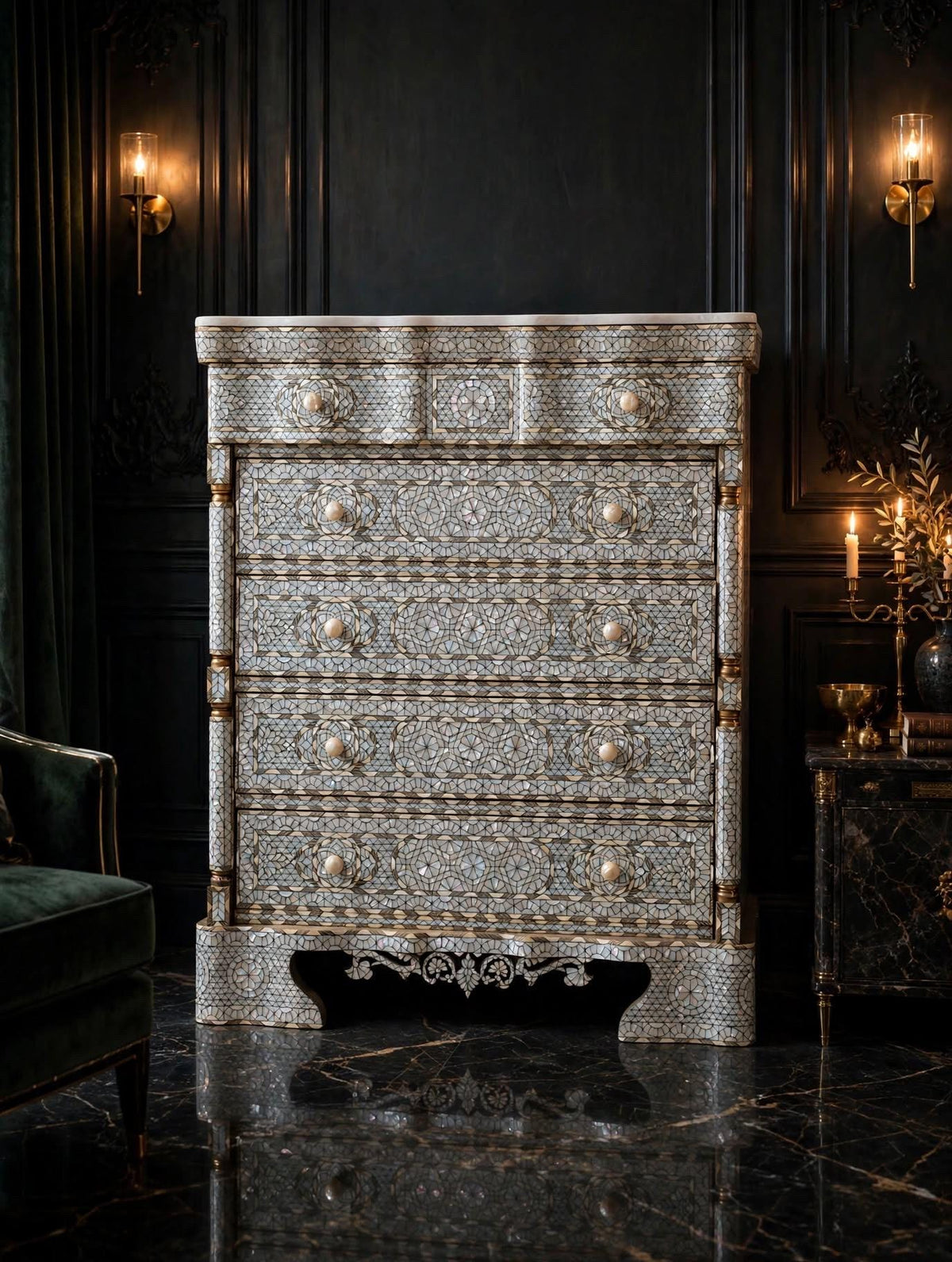 Handcrafted Syrian Mother of Pearl Inlaid Chest of Drawers, Bone Inlay, Marble Top