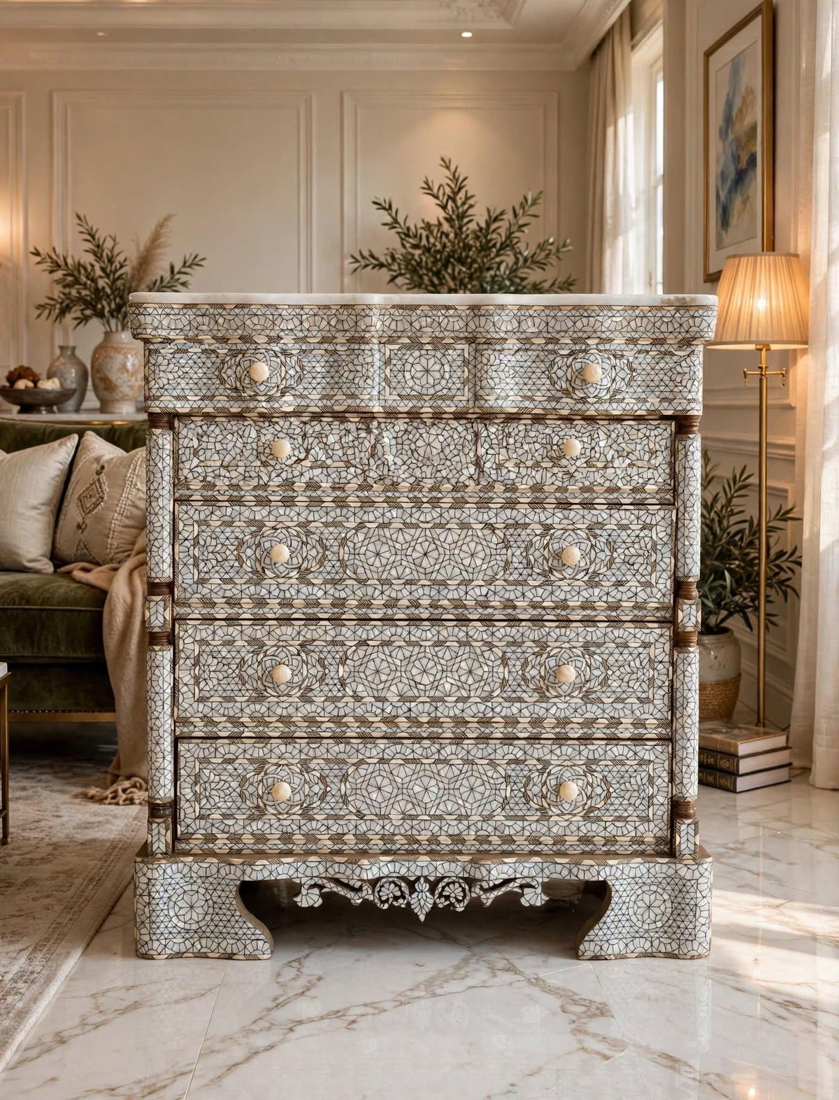 Handcrafted Syrian Mother of Pearl Inlaid Chest of Drawers, Bone Inlay, Marble Top