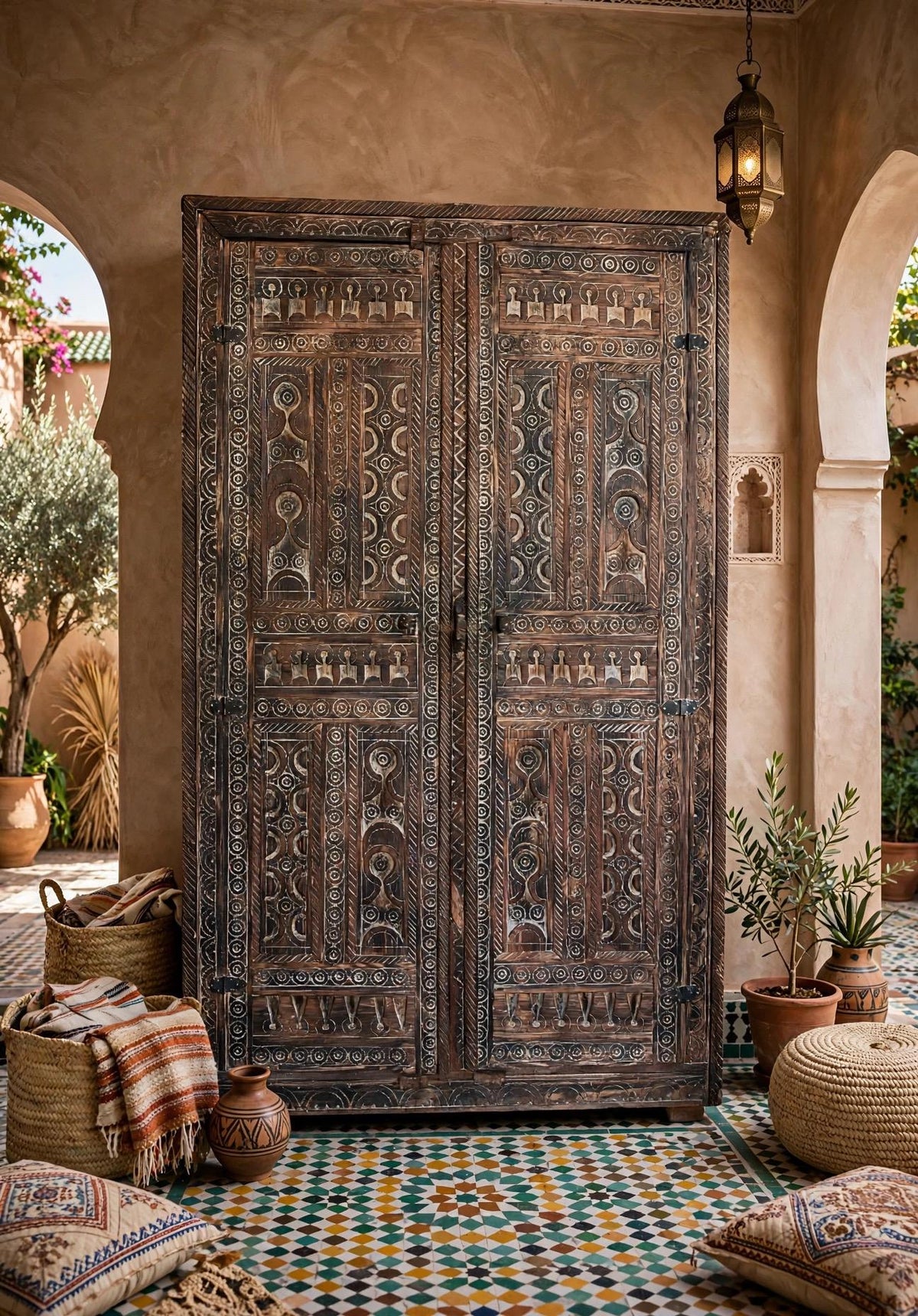 Handmade Moroccan Touareg African wooden armoire with tribal patterns, unique bedroom storage cabinet by Justmorocco