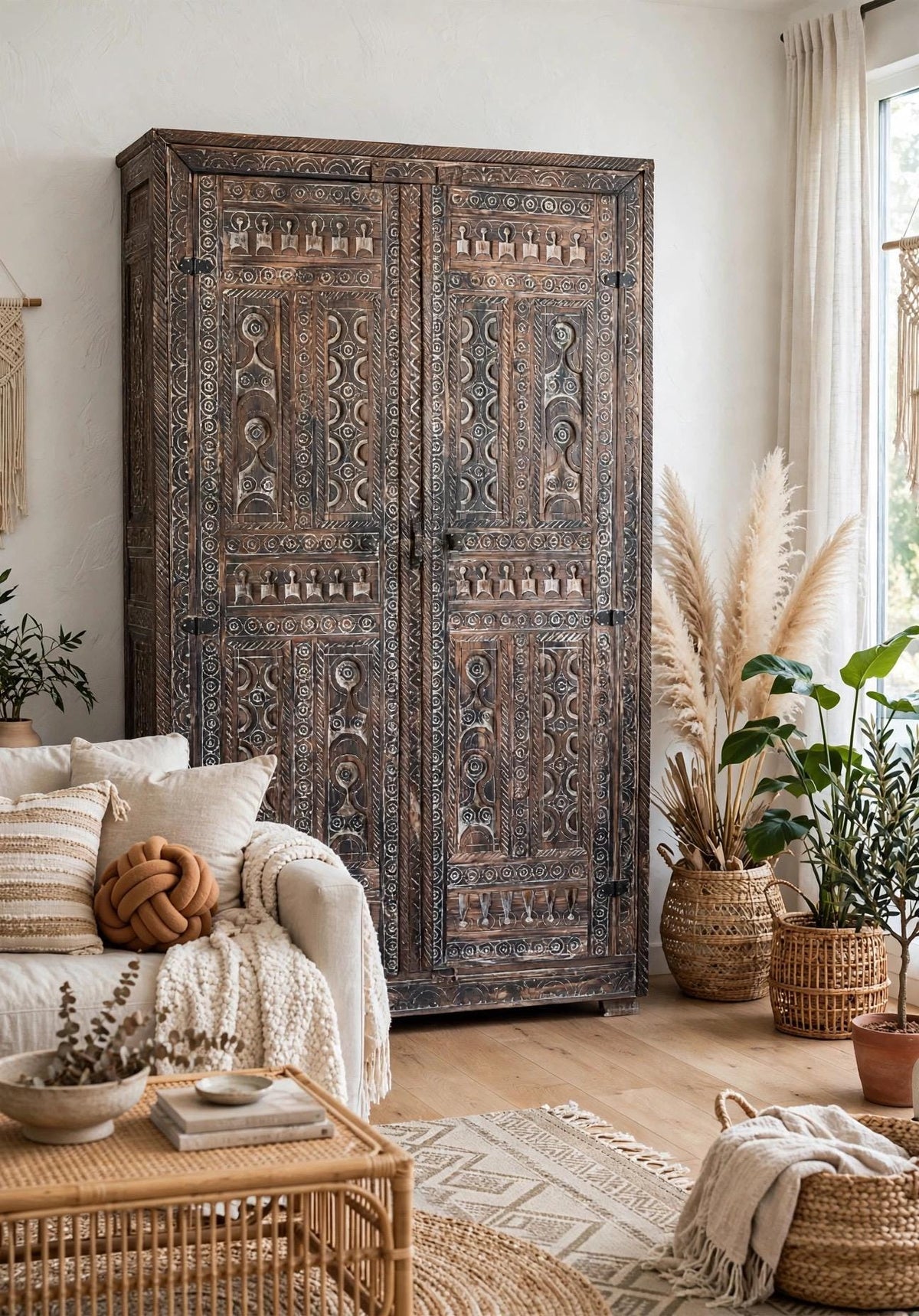 Handmade Moroccan Touareg African wooden armoire with tribal design, ideal for bedroom storage and unique ethnic decor by Justmorocco.