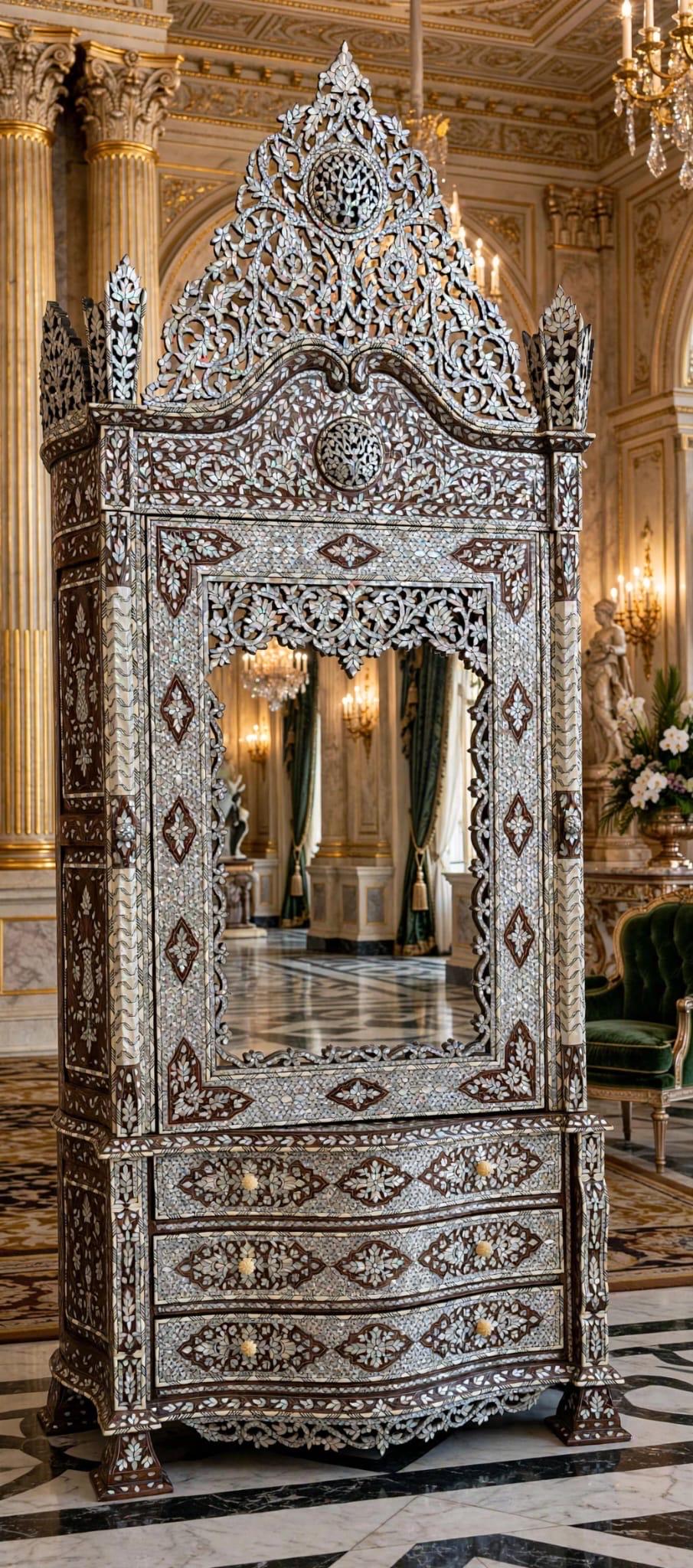 Handcrafted Syrian Mother of Pearl Armoire, Moroccan Bone Inlay