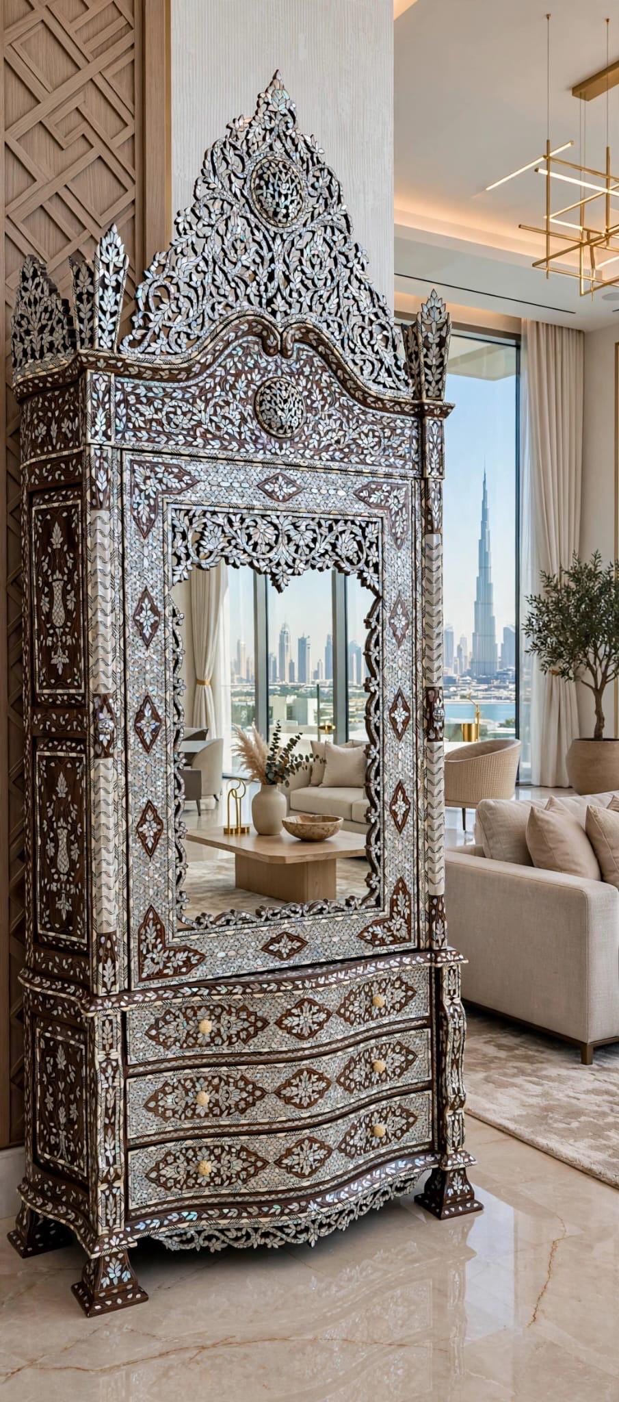 Handcrafted Syrian Mother of Pearl Armoire, Moroccan Bone Inlay
