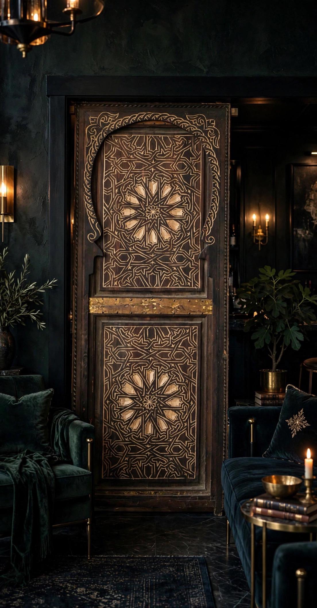 Vintage Moroccan Door, Geometric Hand Carved Wooden Panel (77x31)