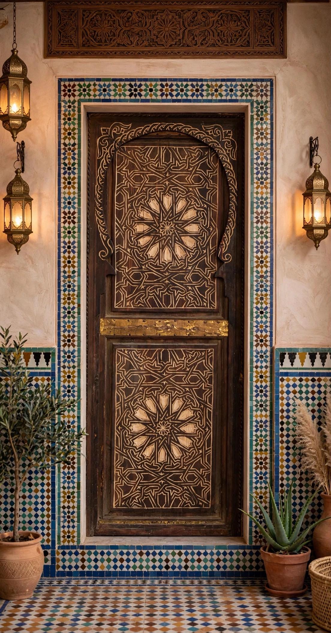 Vintage Moroccan Door, Geometric Hand Carved Wooden Panel (77x31)
