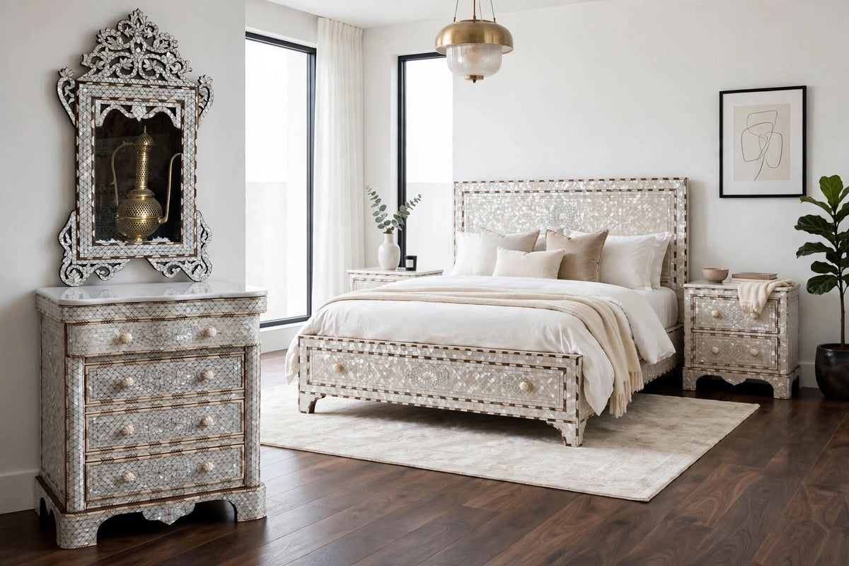 Handmade Mother of Pearl Inlay Nightstand with Mirror, Syrian Moroccan Decor