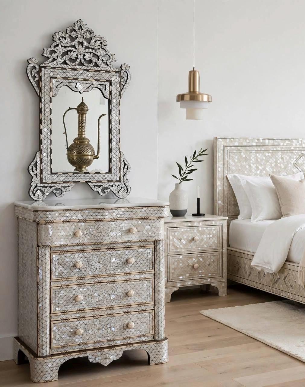 Handmade Mother of Pearl Inlay Nightstand with Mirror, Syrian Moroccan Decor