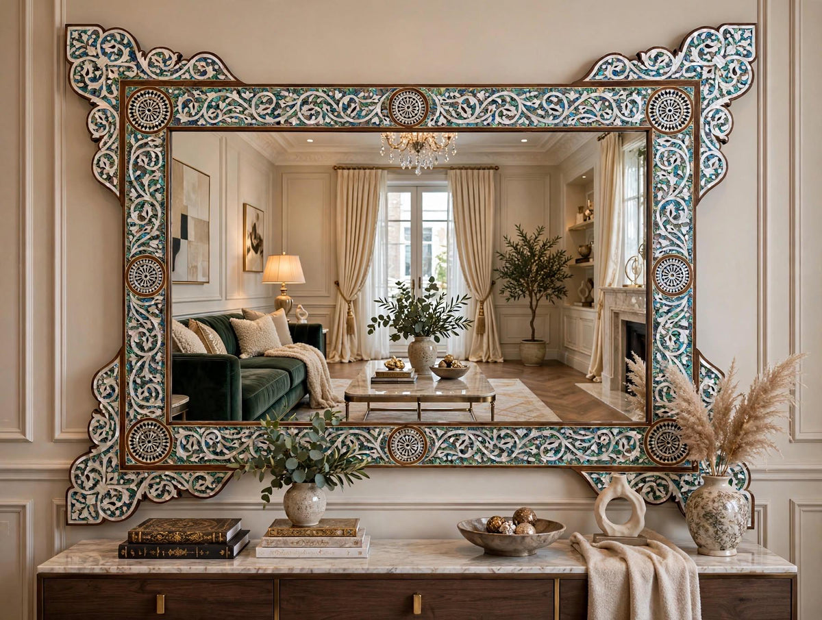 Large Vintage Syrian Mirror: Green Abalone, Mother of Pearl Inlay (85x62")