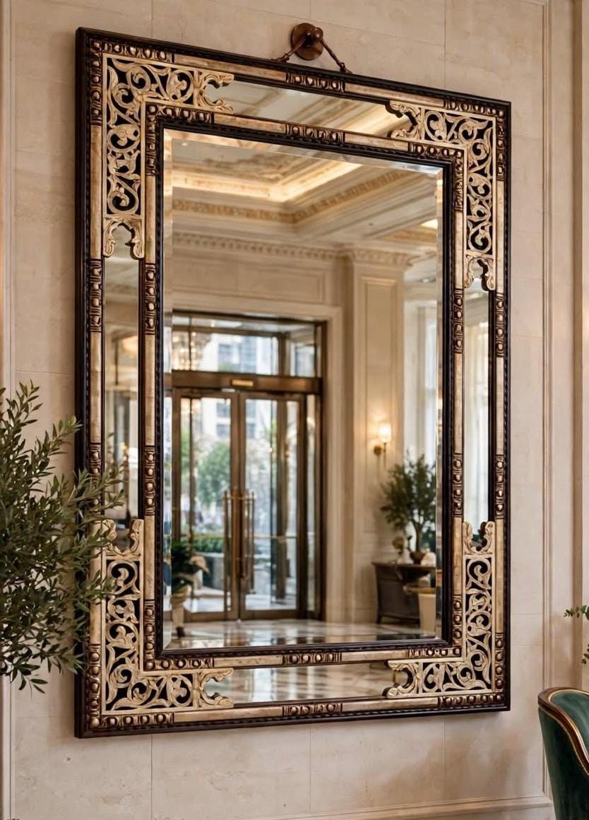 Moroccan Camel Bone Inlay Mirror, Moorish Design, Handcrafted Wood Frame (62.5 x 46.5)