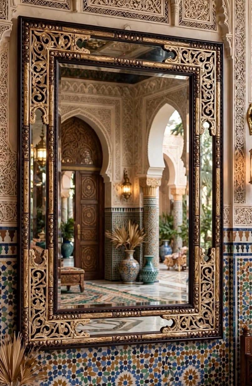 Moroccan Camel Bone Inlay Mirror, Moorish Design, Handcrafted Wood Frame (62.5 x 46.5)