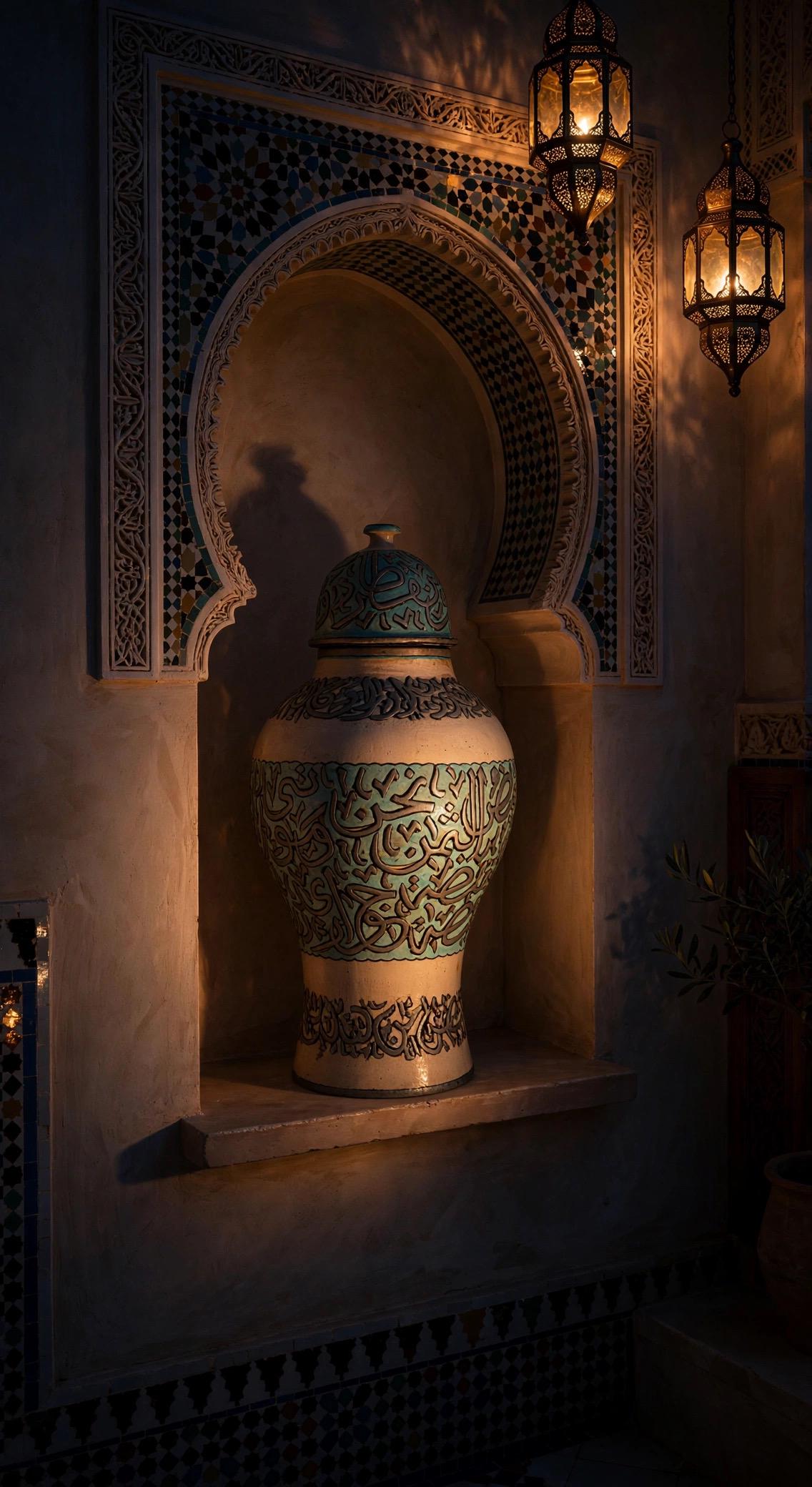 Handcrafted vintage Moroccan Calligraphy Ceramic Jar with Silver Wire Inlay & Turquoise Crackle Glaze