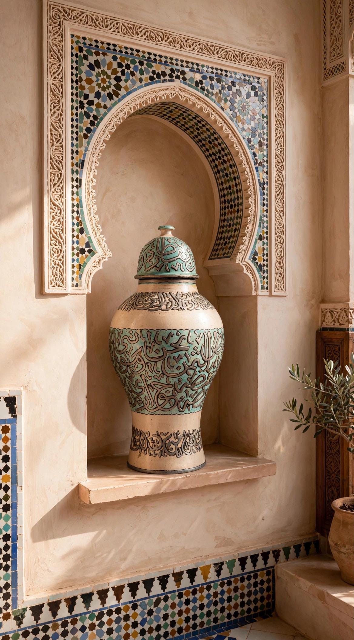 Handcrafted vintage Moroccan Calligraphy Ceramic Jar with Silver Wire Inlay & Turquoise Crackle Glaze