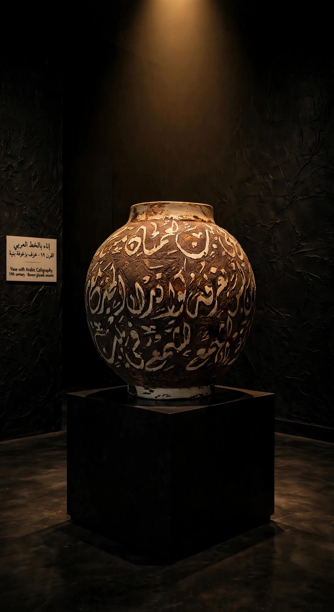 19th century Moroccan Arabic calligraphy clay vase with detailed handcrafted designs by Justmorocco showcasing traditional ceramic art.