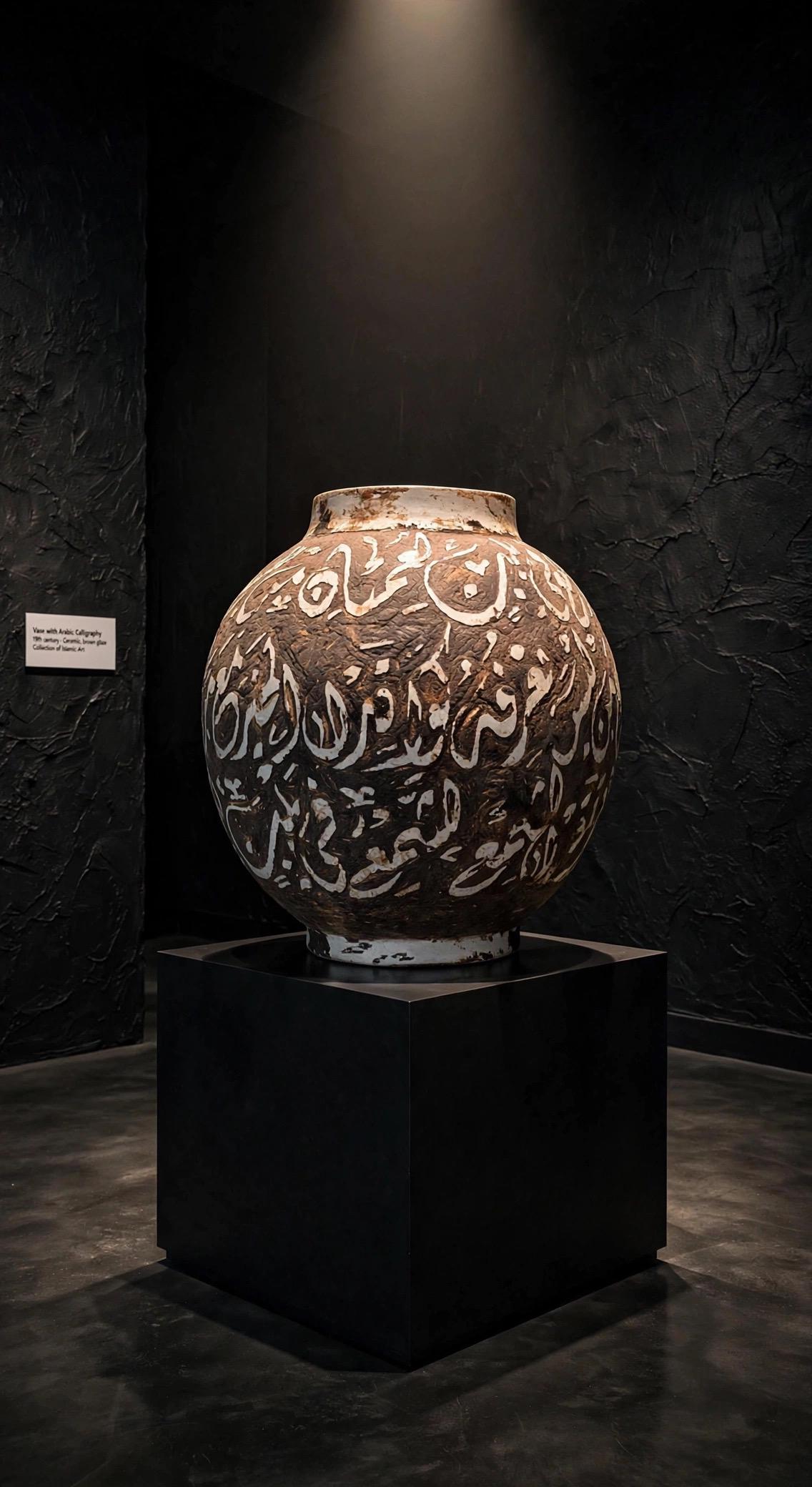 Handcrafted 19th century Moroccan clay vase featuring Arabic calligraphy and intricate designs, showcasing traditional craftsmanship.