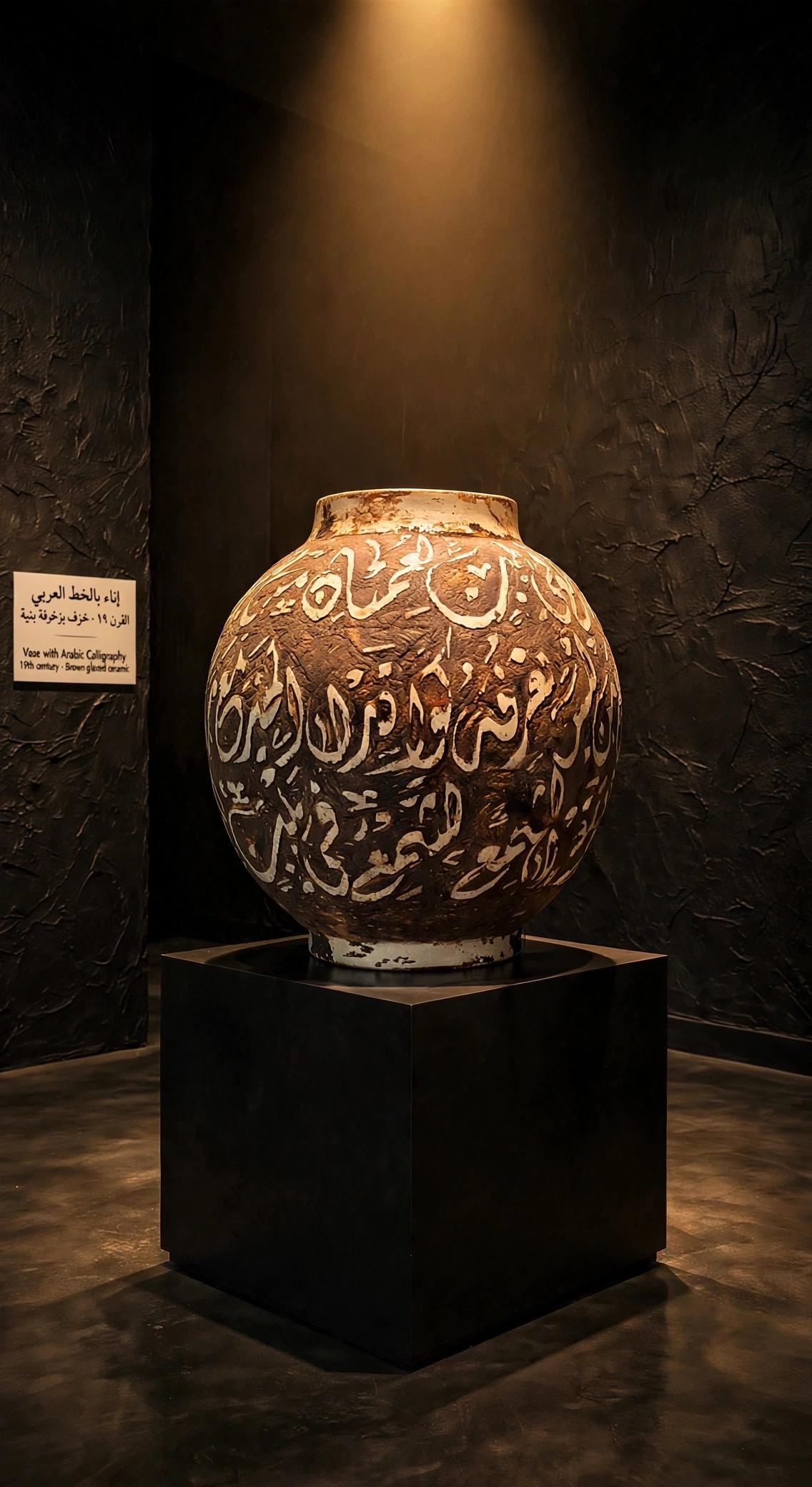 19th century Moroccan Arabic calligraphy clay vase with intricate designs, handcrafted by Justmorocco, featuring traditional motifs and earthy tones.