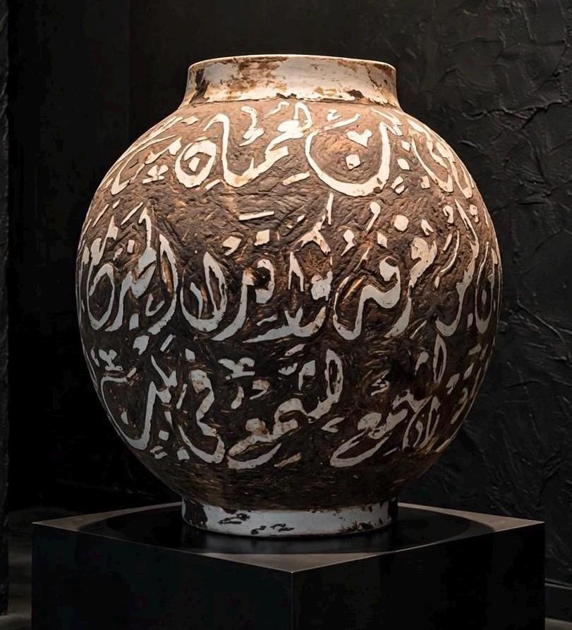 19th century Moroccan Arabic calligraphy clay vase with intricate designs, handcrafted by Justmorocco.