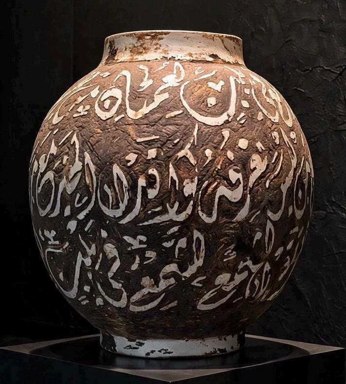 19th century Moroccan Arabic calligraphy clay vase with intricate designs, handmade by Justmorocco featuring traditional craftsmanship.