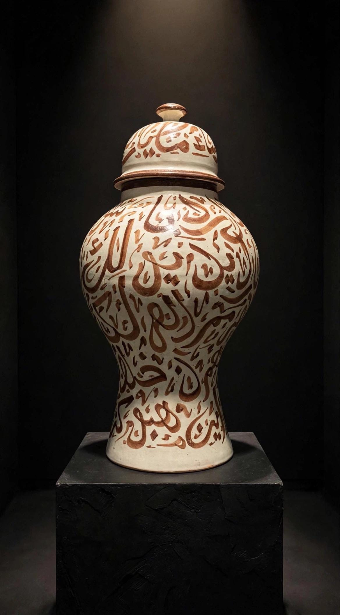 Handcrafted Moroccan ceramic ginger jar with Arabic calligraphic script, featuring traditional design and intricate detailing.