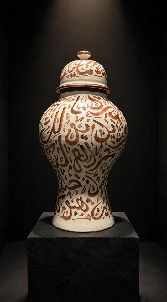 Handcrafted Moroccan ceramic ginger jar with Arabic calligraphic script, featuring traditional design and intricate detailing.