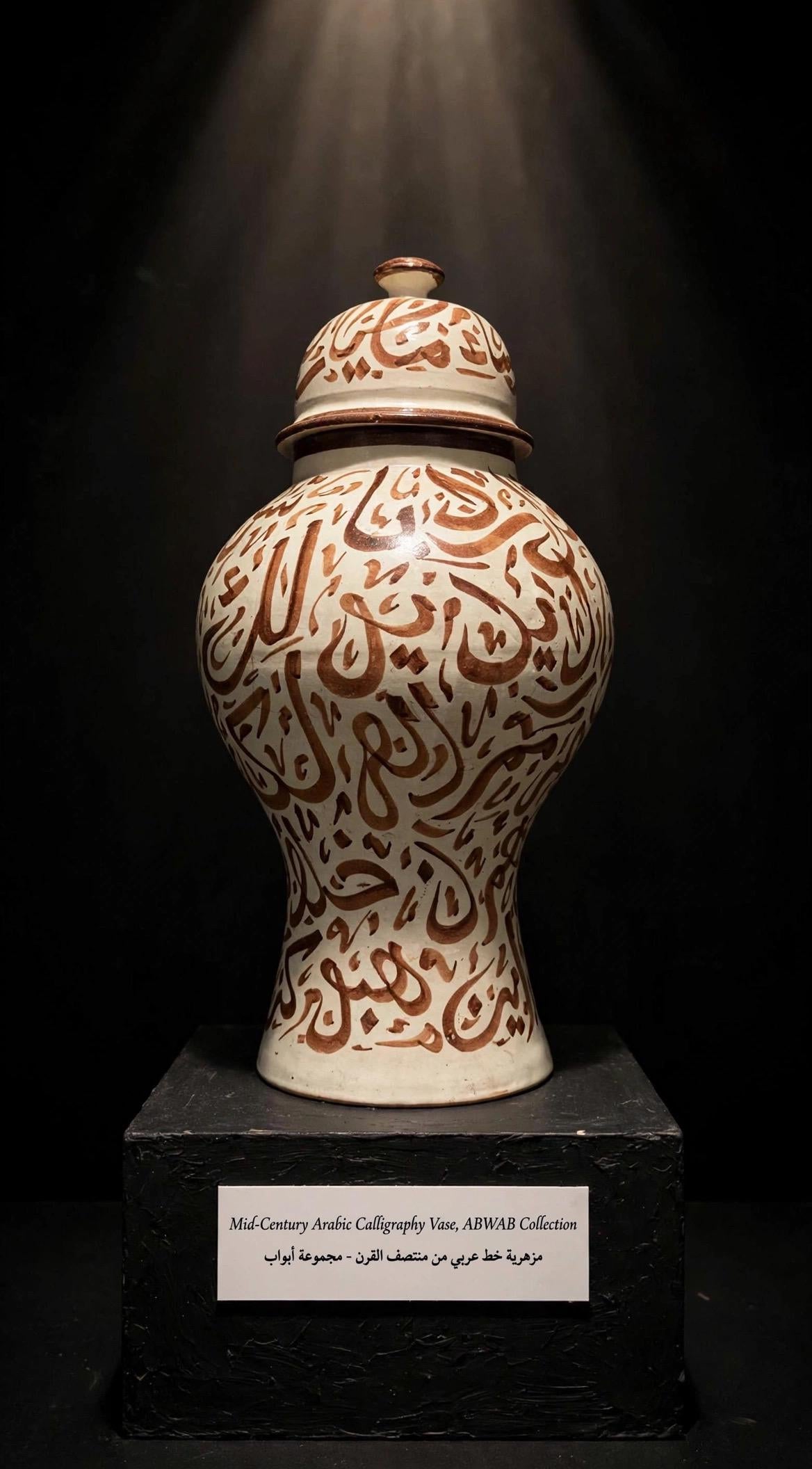 Handcrafted Moroccan ceramic ginger jar with Arabic calligraphy, featuring intricate design and traditional craftsmanship.
