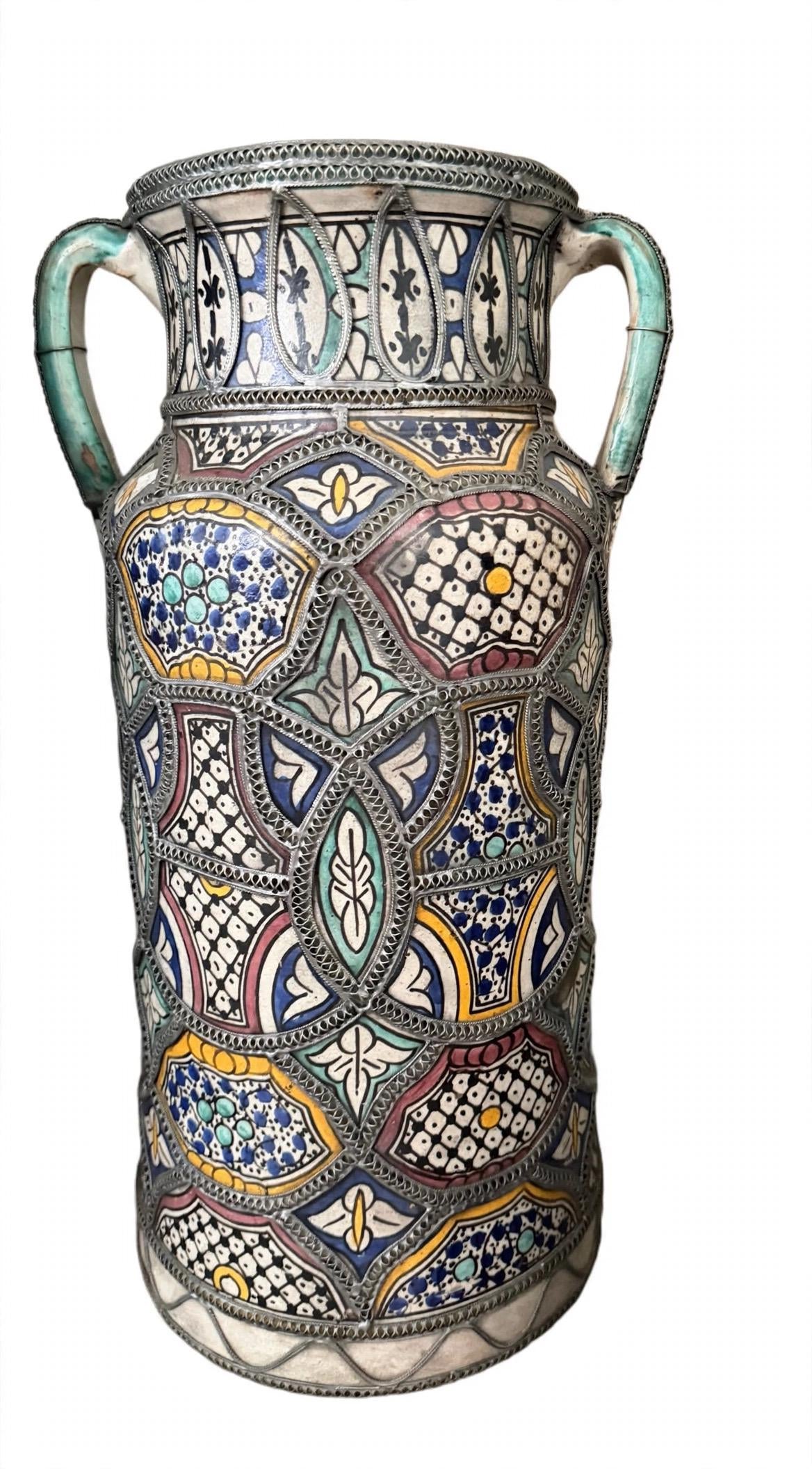 One of a kind Moroccan polychrome antique jar/amphora embellished with intricate nickel-silver