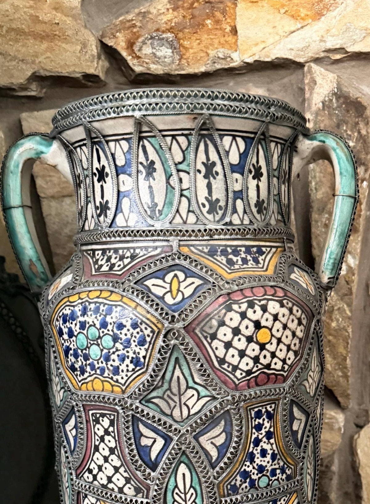 One of a kind Moroccan polychrome antique jar/amphora embellished with intricate nickel-silver