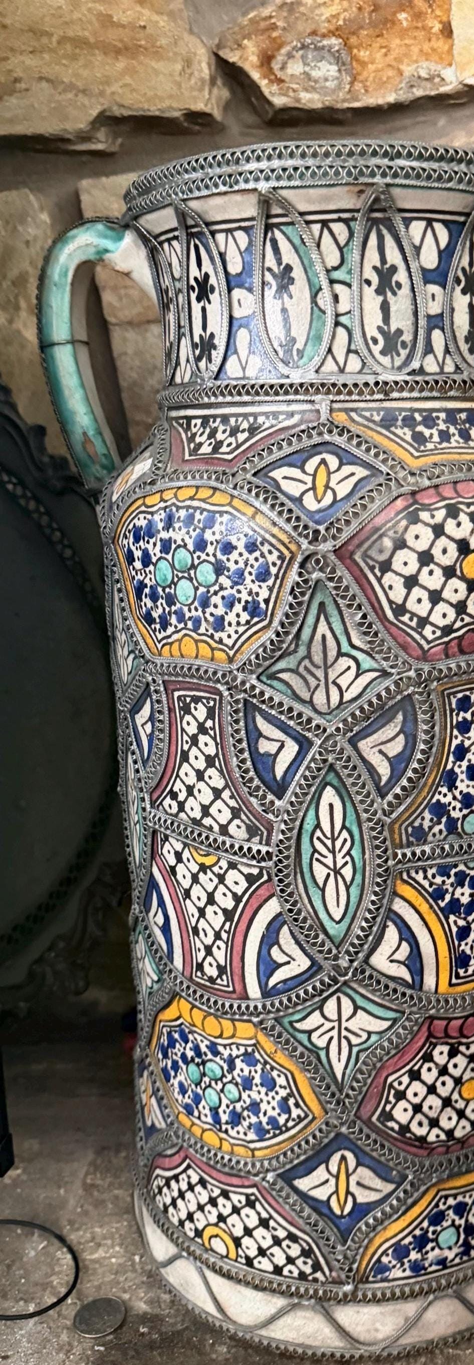 One of a kind Moroccan polychrome antique jar/amphora embellished with intricate nickel-silver