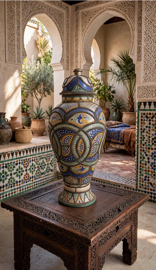 Antique Fez Clay Urn, Embossed Brass Wirework Overlay, Hand-Painted Glazed Panels