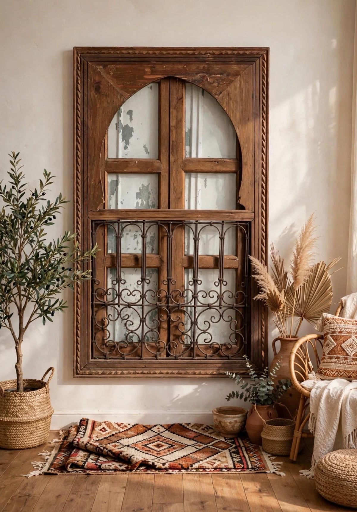 Moroccan Vintage Window with Wrought Iron Filigree, Architectural Woodwork