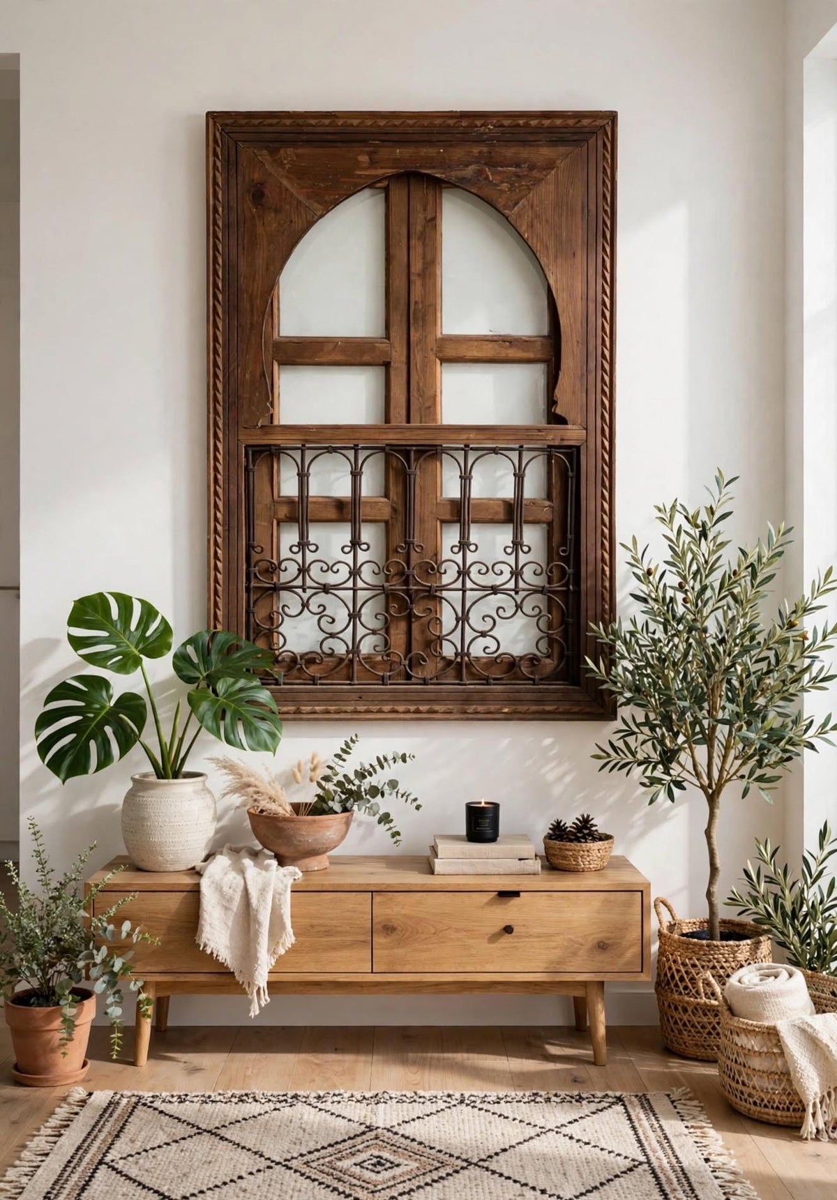 Moroccan Vintage Window with Wrought Iron Filigree, Architectural Woodwork