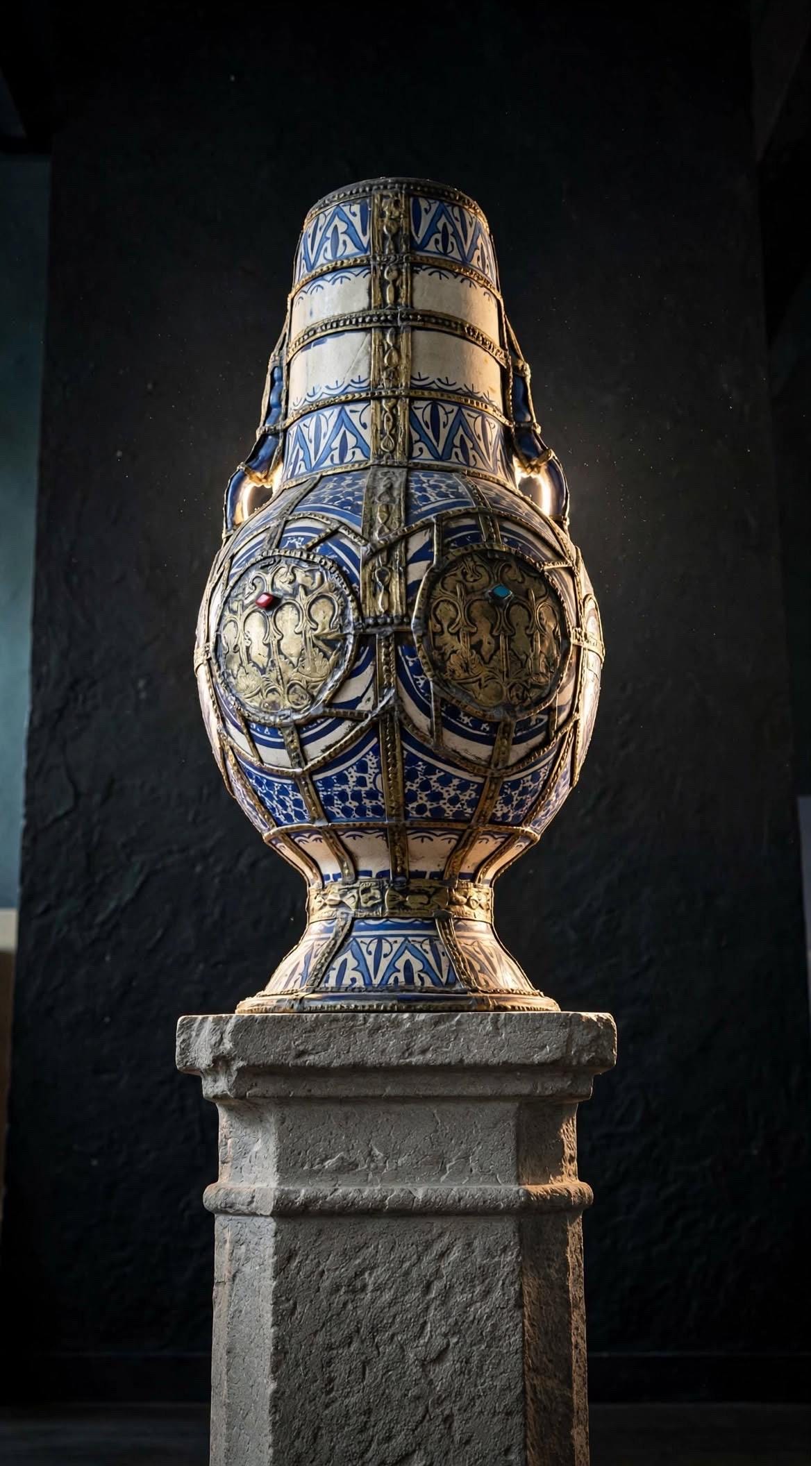 Antique Moroccan Clay Urn with Metal Wirework Overlay, Cobalt Blue Geometric Patterns