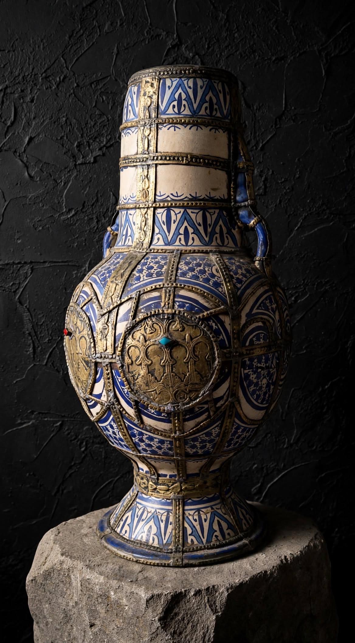 Antique Moroccan Clay Urn with Metal Wirework Overlay, Cobalt Blue Geometric Patterns