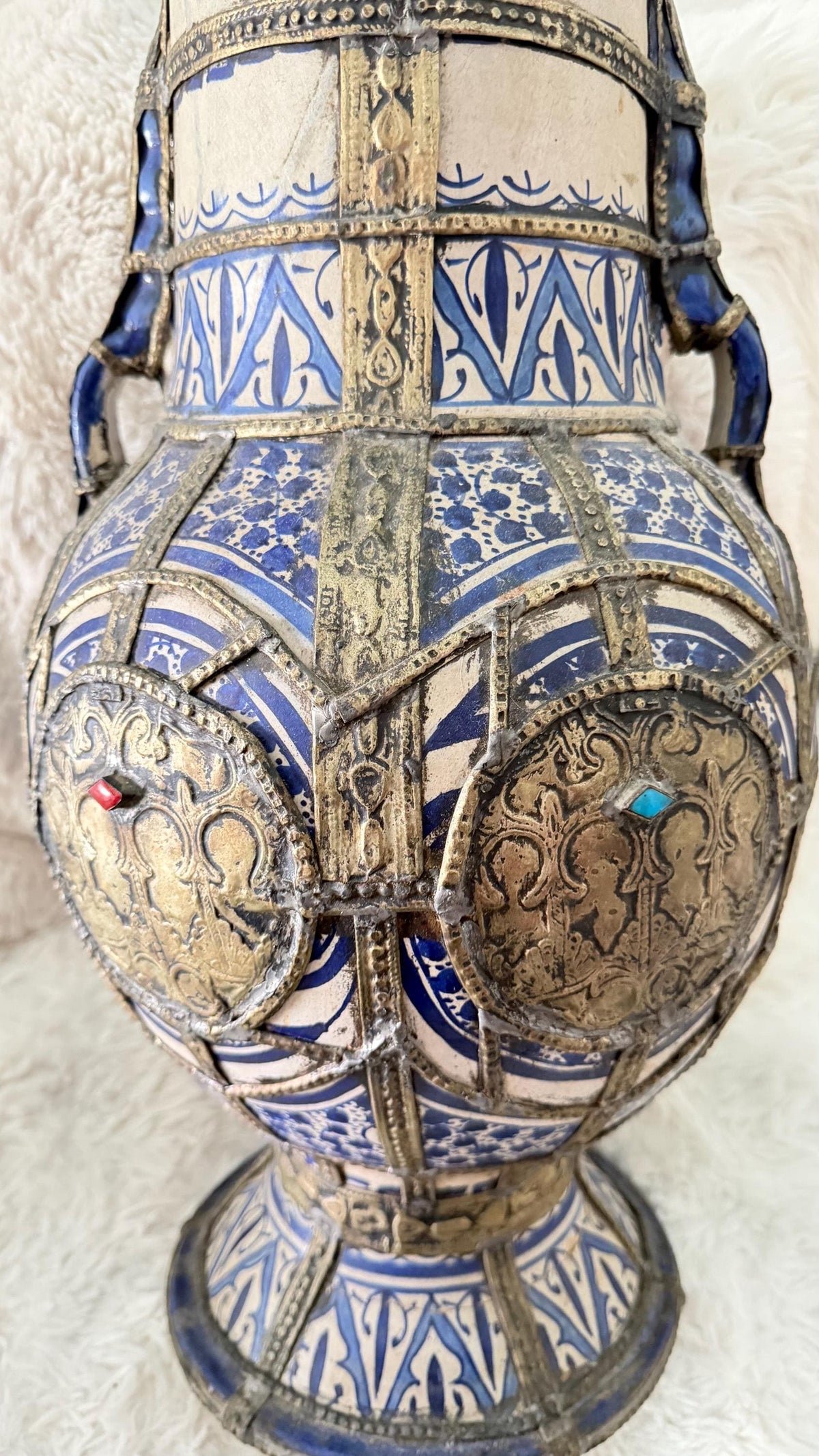 Antique Moroccan Clay Urn with Metal Wirework Overlay, Cobalt Blue Geometric Patterns