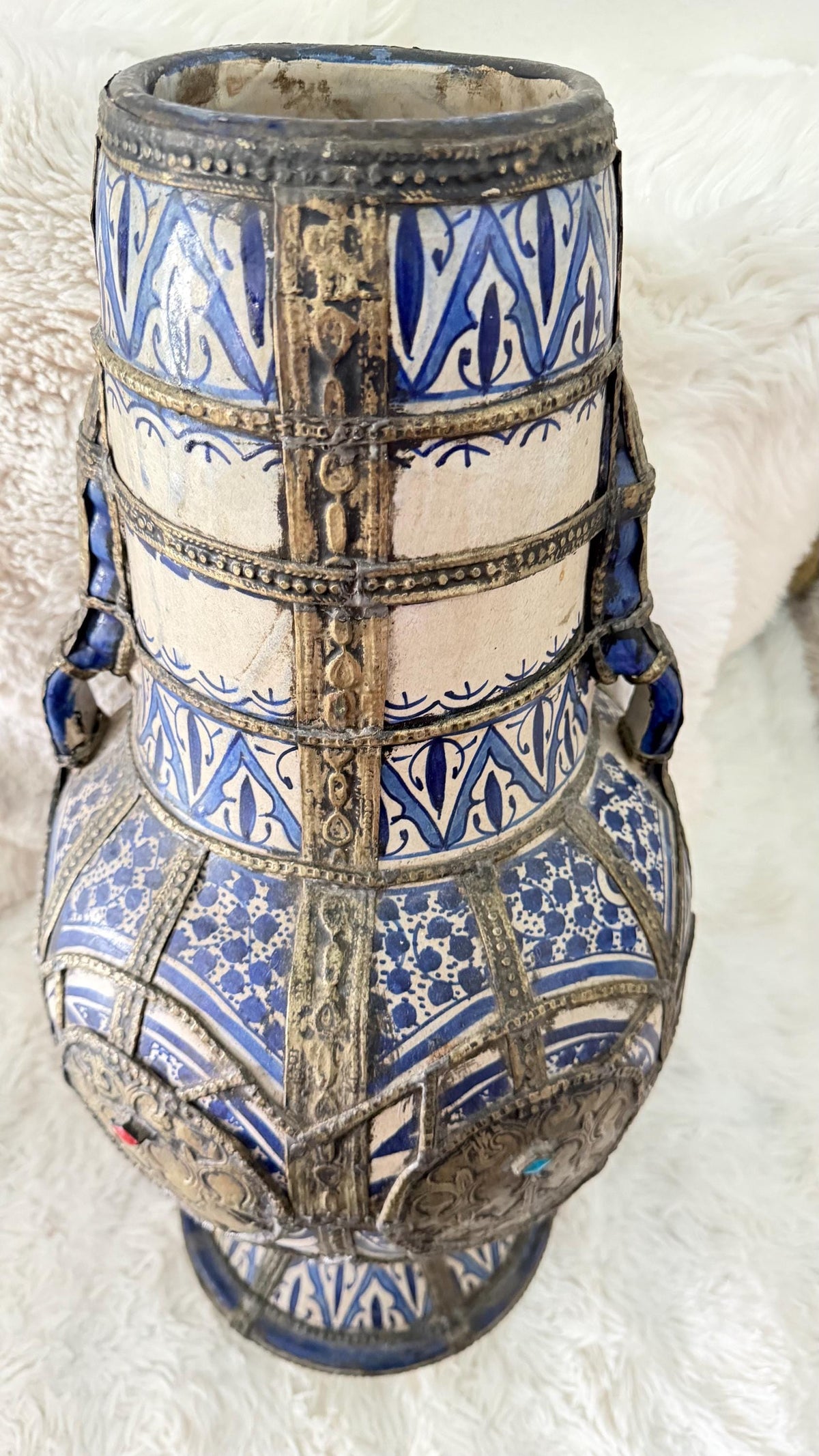 Antique Moroccan Clay Urn with Metal Wirework Overlay, Cobalt Blue Geometric Patterns