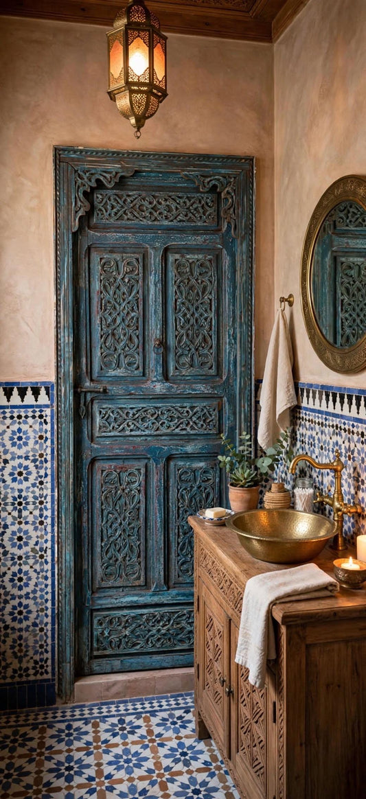 Vintage Moroccan Riad Style: rustic wooden door features intricate, relief-carved arabesque and floral scrollwork