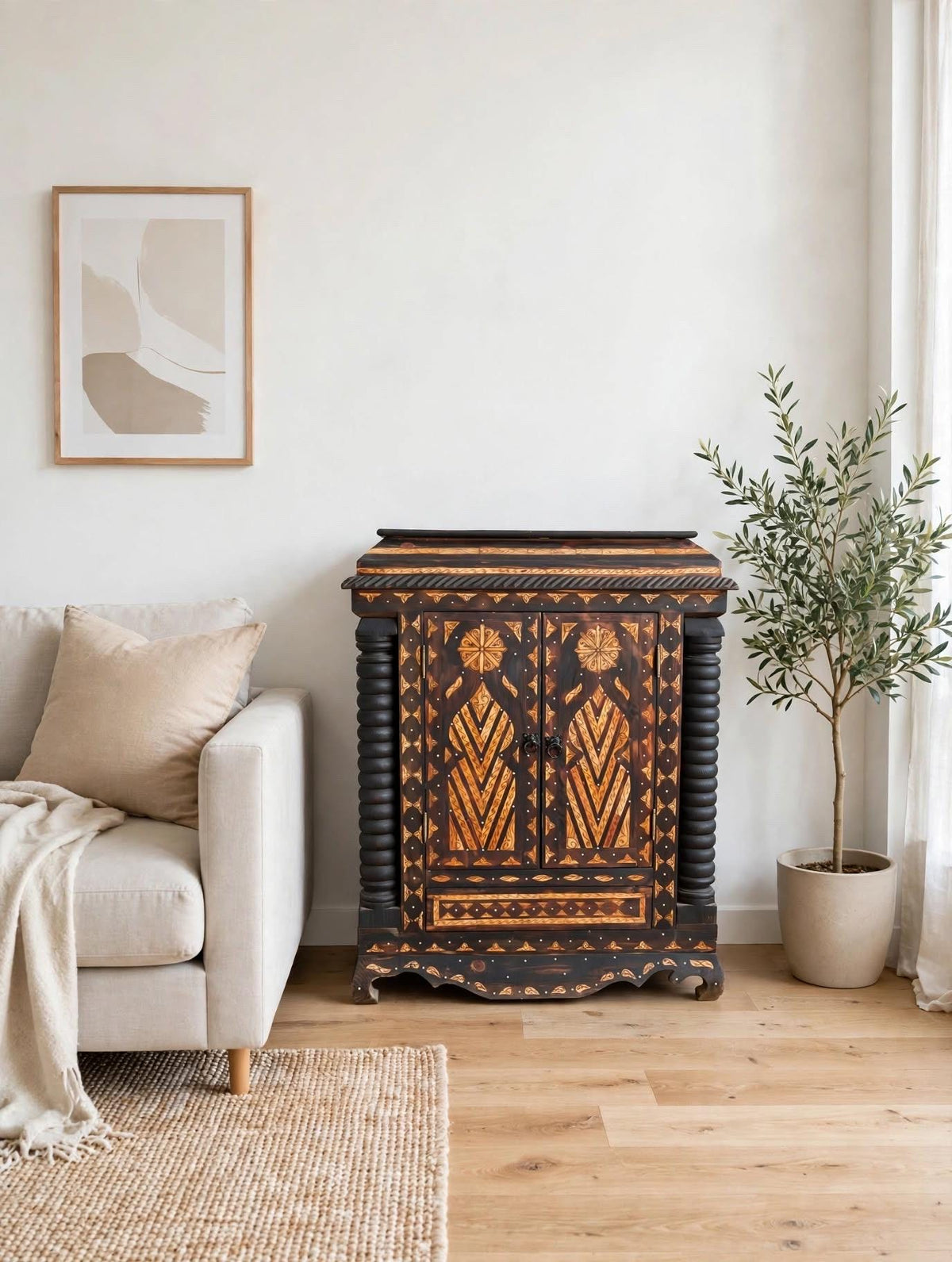 Handmade Moroccan Inlaid Camel Bone Chest, Berber Wedding Dowry Cabinet