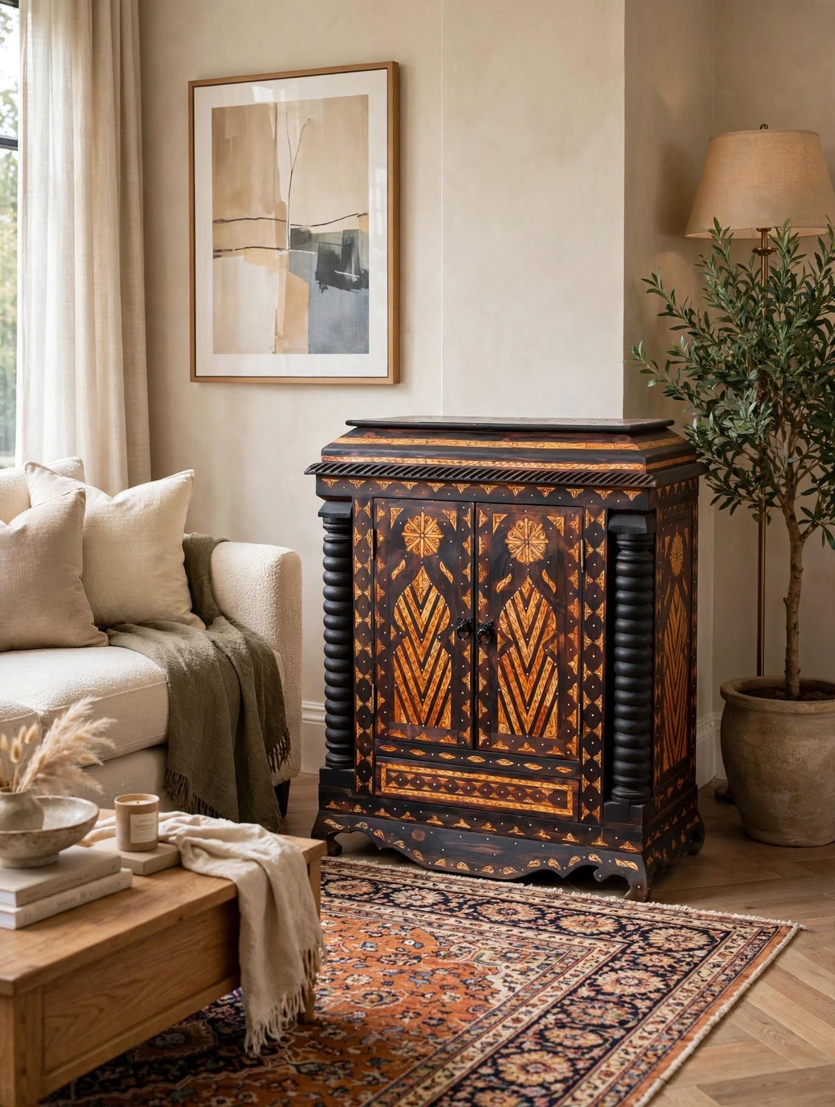 Handmade Moroccan Inlaid Camel Bone Chest, Berber Wedding Dowry Cabinet