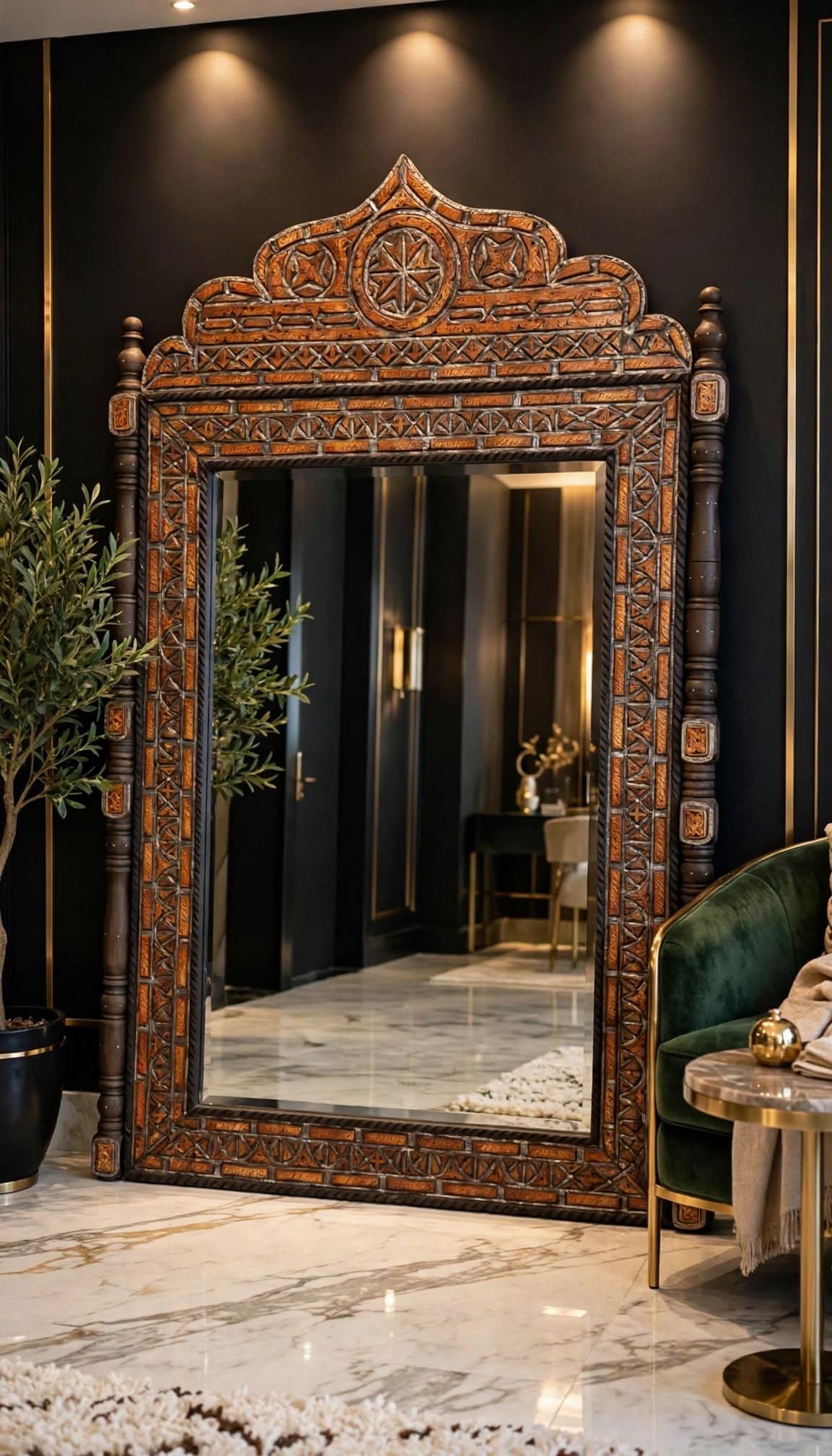 Handmade Moroccan Mirror, Orange Camel Bone Inlay, Berber Design