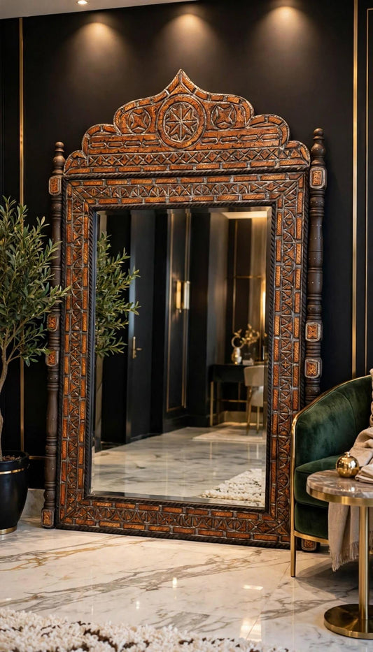 Handmade Moroccan Mirror, Orange Camel Bone Inlay, Berber Design