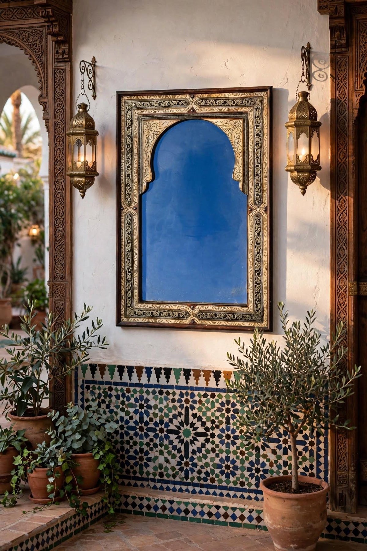 Handmade Moorish Arch Mirror: Silver Camel Bone Inlay, Moroccan Decor (39.5” x 26.5”)