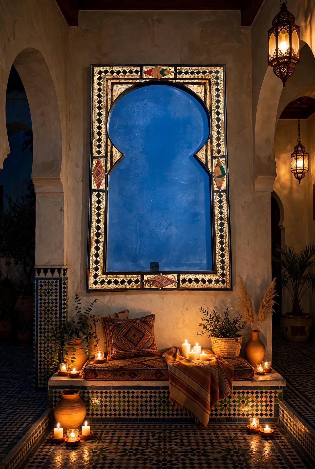 Moorish Arch Mirror: Handmade Silver Camel Bone Inlay, Moroccan Decor (40x24)