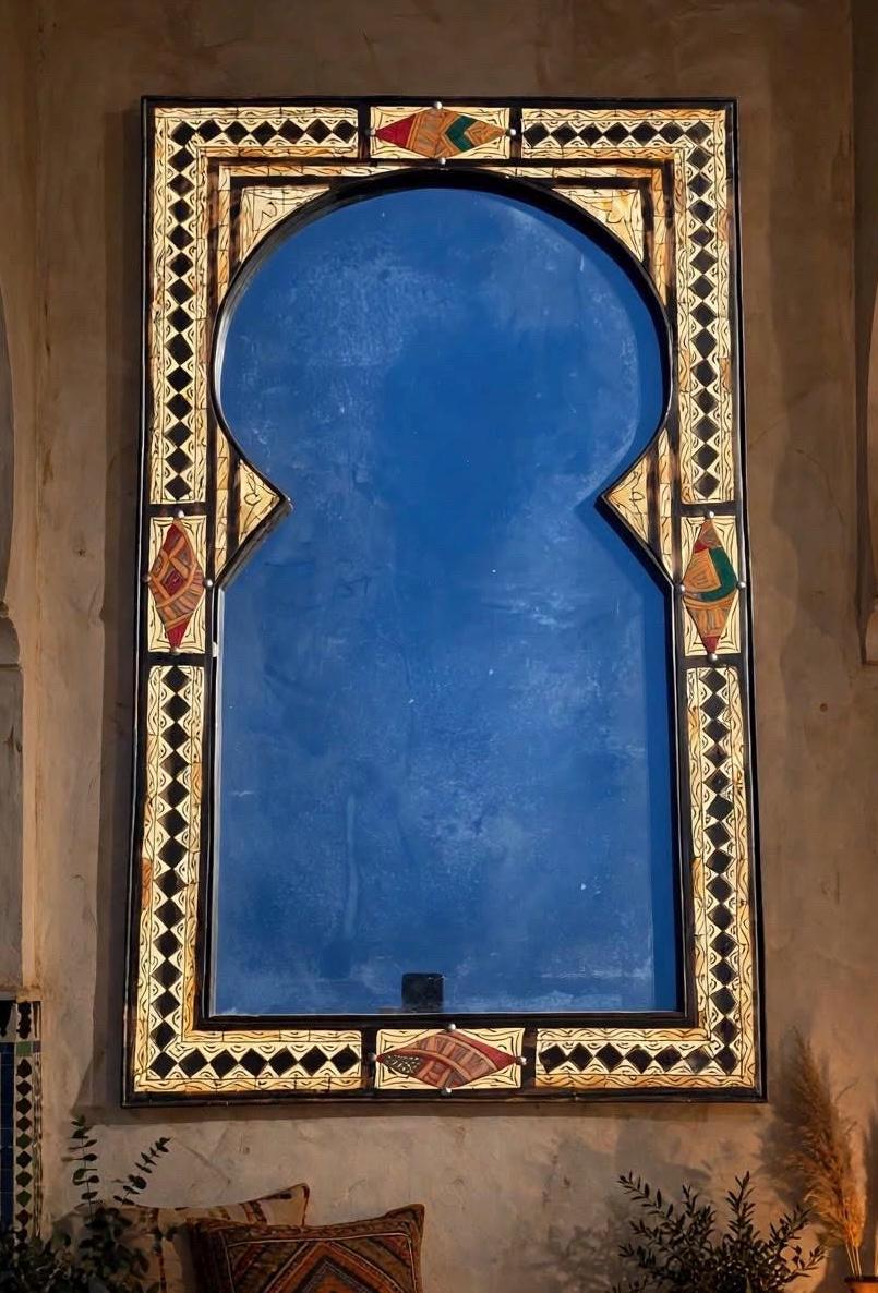 Moorish Arch Mirror: Handmade Silver Camel Bone Inlay, Moroccan Decor (40x24)